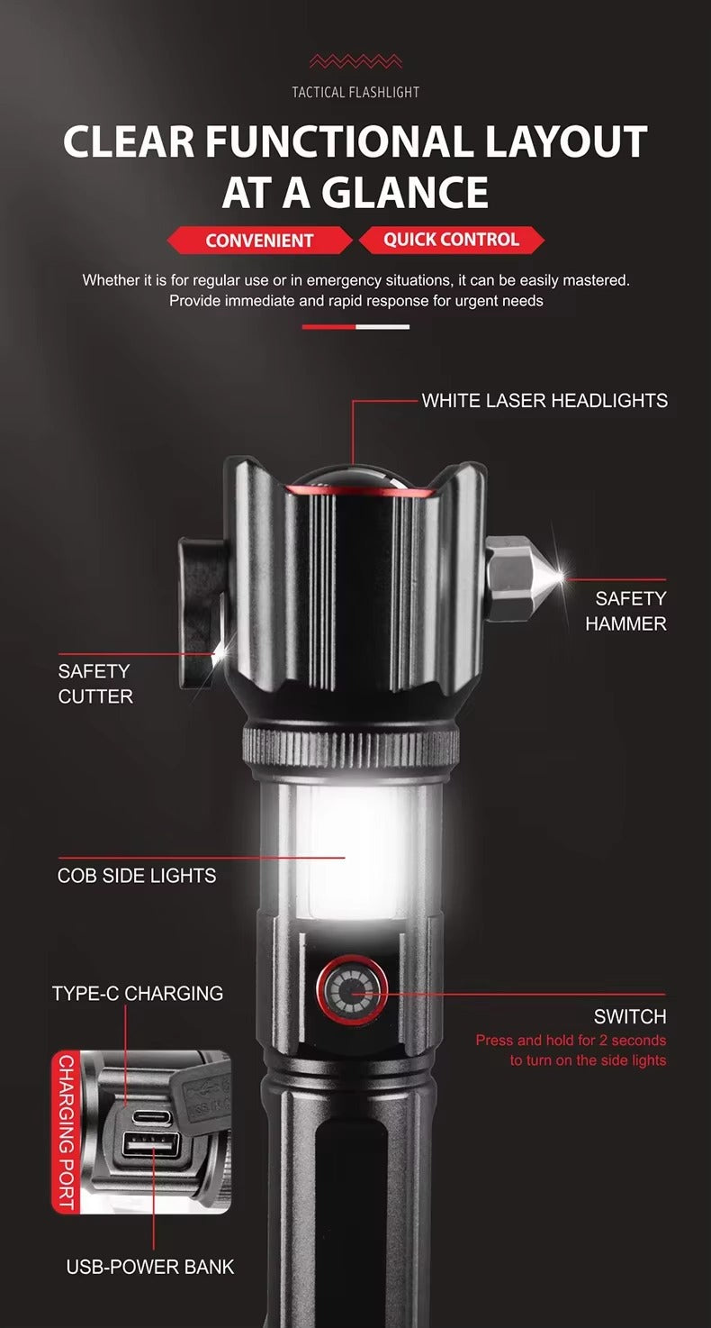 Safety Hammer Red Blue Alarm Telescopic Zoom Usb Rechargeable Cob Aluminum Alloy White Led Torches Lights Tactical Flashlight