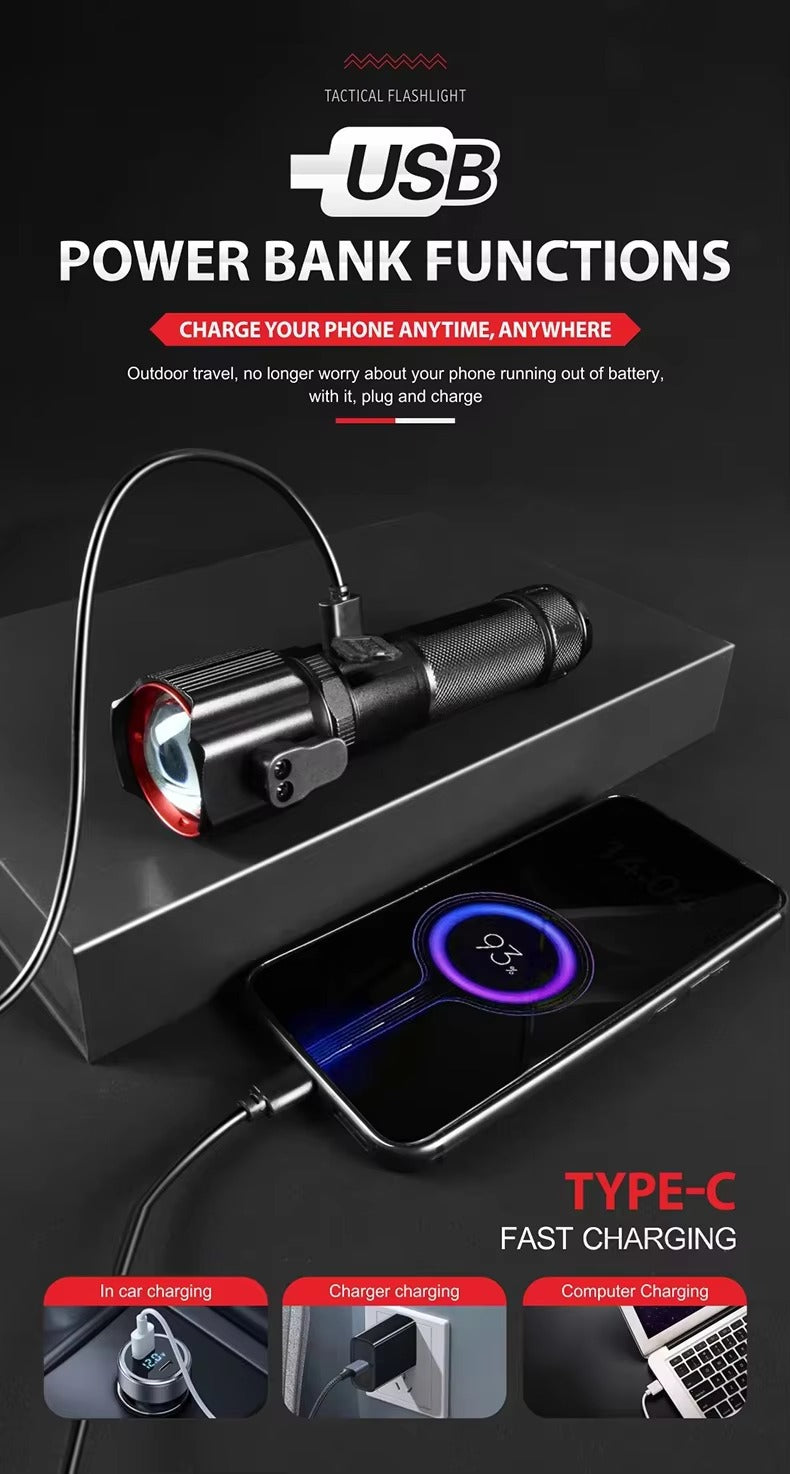 Safety Hammer Red Blue Alarm Telescopic Zoom Usb Rechargeable Cob Aluminum Alloy White Led Torches Lights Tactical Flashlight