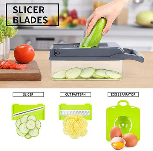 Multifunctional 12 in 1 Nicer Dicer Vegetable Cutter Veggie Chopper & Slicer Cucumber , Potato , Onion & Cheese Cutter, Garlic Grater, Egg Separator, Carrot Crusher Machine In Grey Colorduct