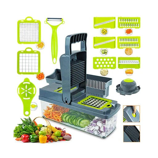 Multifunctional 12 in 1 Nicer Dicer Vegetable Cutter Veggie Chopper & Slicer Cucumber , Potato , Onion & Cheese Cutter, Garlic Grater, Egg Separator, Carrot Crusher Machine In Grey Colorduct
